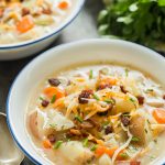 instant pot potato soup in white bowl