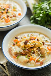 instant pot potato soup in white bowl