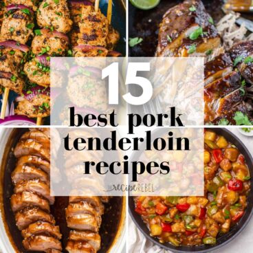 square collage of pork tenderloin recipes with four images.
