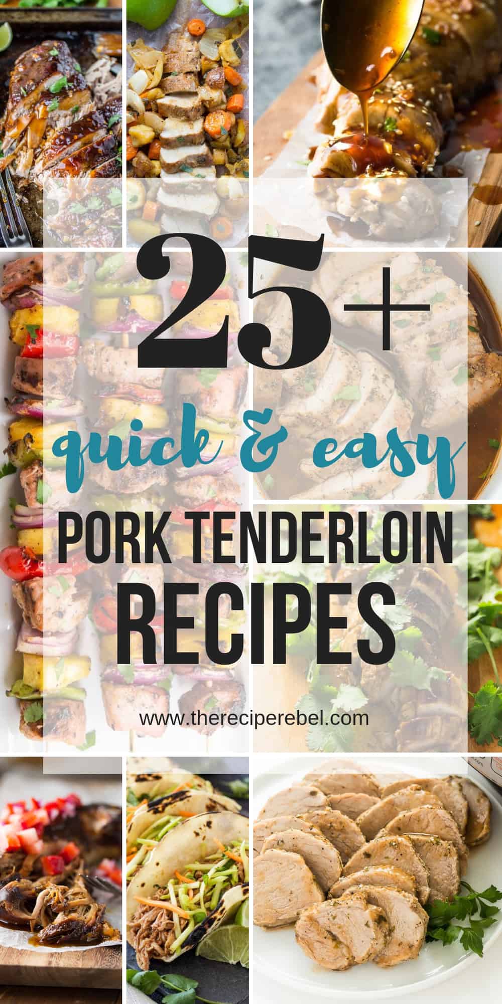 pork tenderloin recipes pinterest collage with multiple images and a title in black and blue text