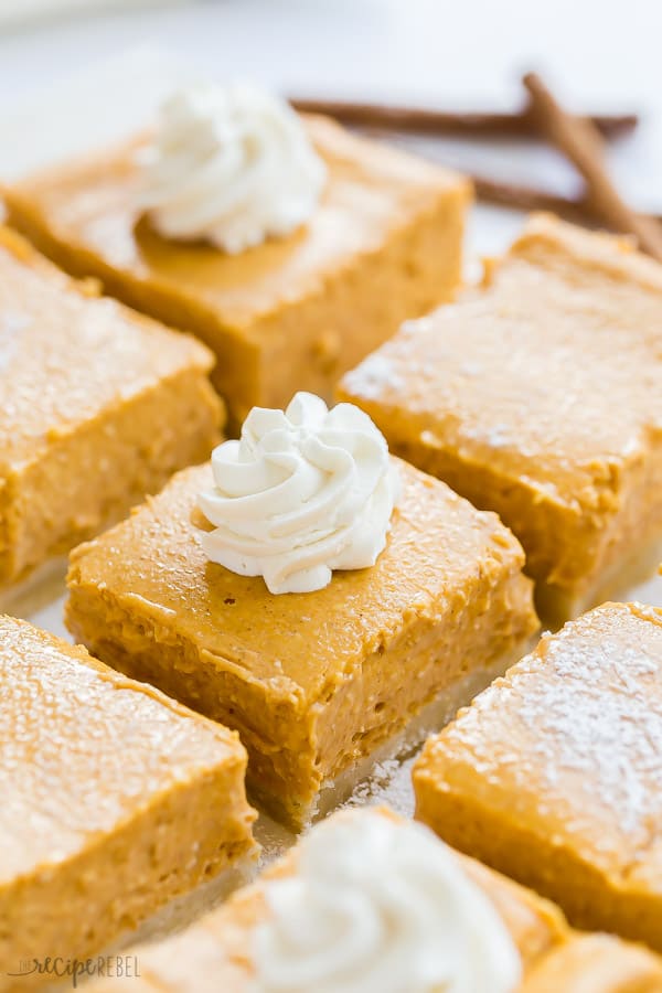 pumpkin cheesecake bars sliced close up with some swirls of whipped cream and cinnamon sticks in the background