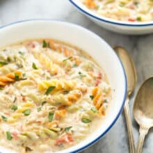 creamy slow cooker chicken noodle soup in white bowl