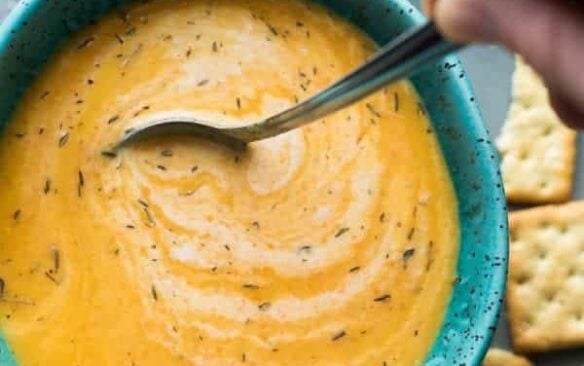 instant pot vegan carrot soup in blue bowl