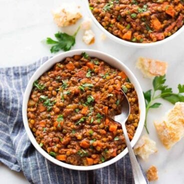 instant pot lentil soup in white bowl