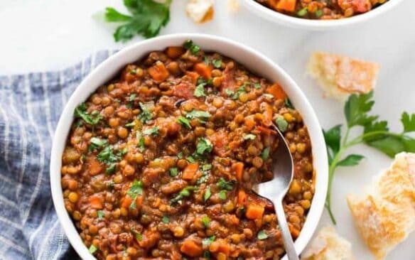 instant pot lentil soup in white bowl