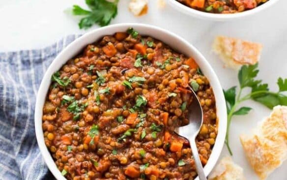 instant pot lentil soup in white bowl