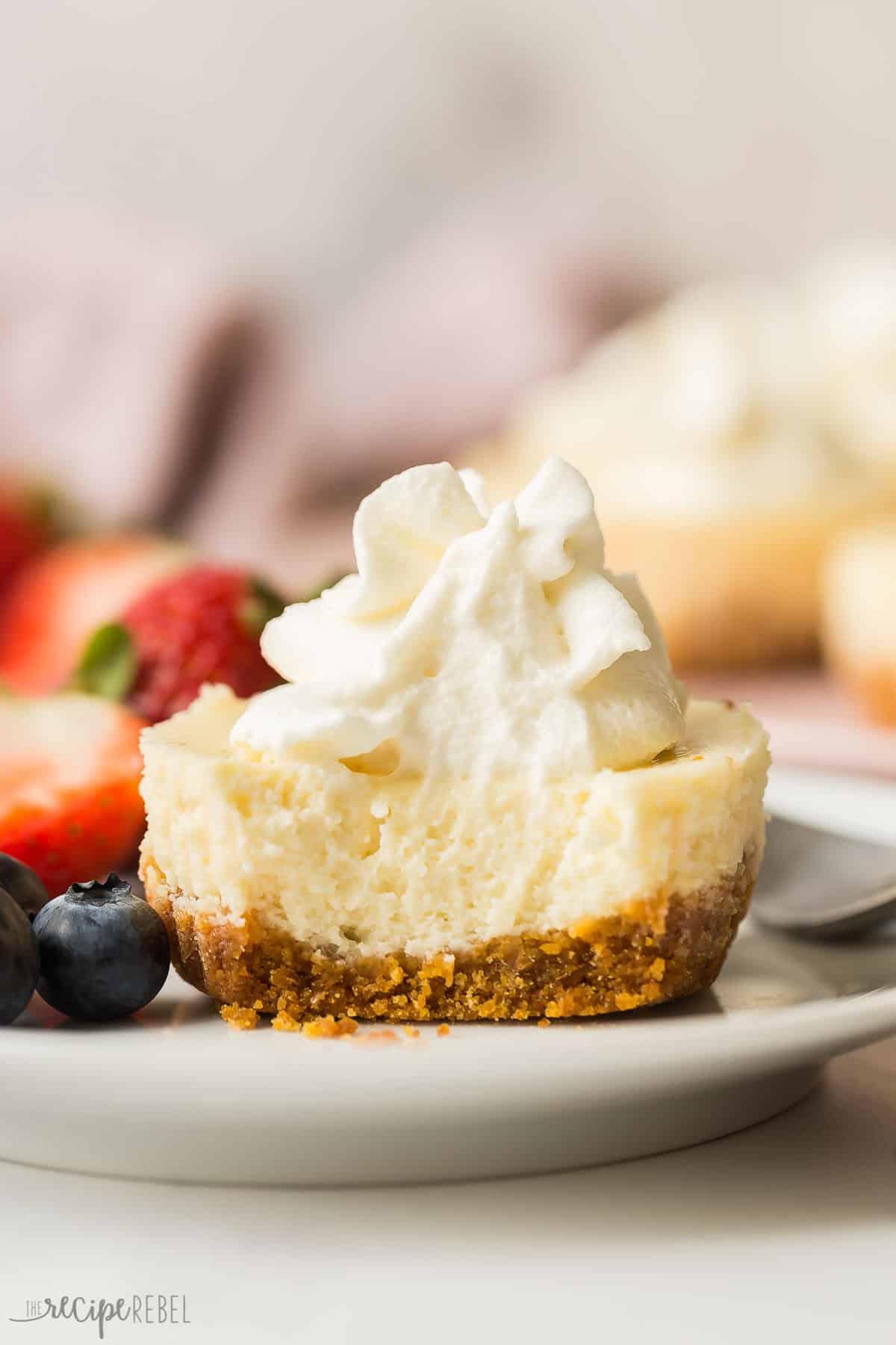 This easy Cheesecake Cupcakes recipe (mini cheesecakes) is simple to make and customize! They are made in a standard muffin pan, freezer friendly and perfect for any dessert table, birthday party or baby shower. #cheesecake #recipe #dessert | mini cheesecake recipe | mini cheesecakes | cheesecake recipes | potluck dessert | party dessert | cream cheese recipes | spring dessert | summer dessert one mini cheesecake on a plate with a bite taken out.