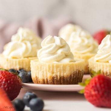 square image of cheesecake cupcakes with berries around.