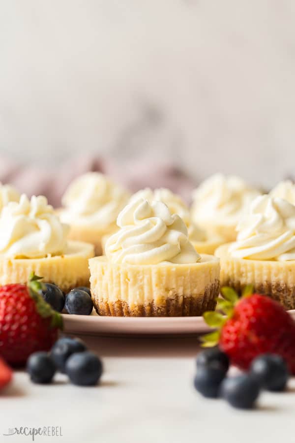 cheesecake cupcakes with whipped cream on a plate with fresh berries on the side