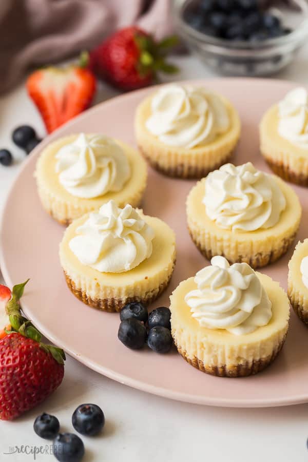 lots of cheesecake cupcakes on a large pink plate with whipped cream swirls