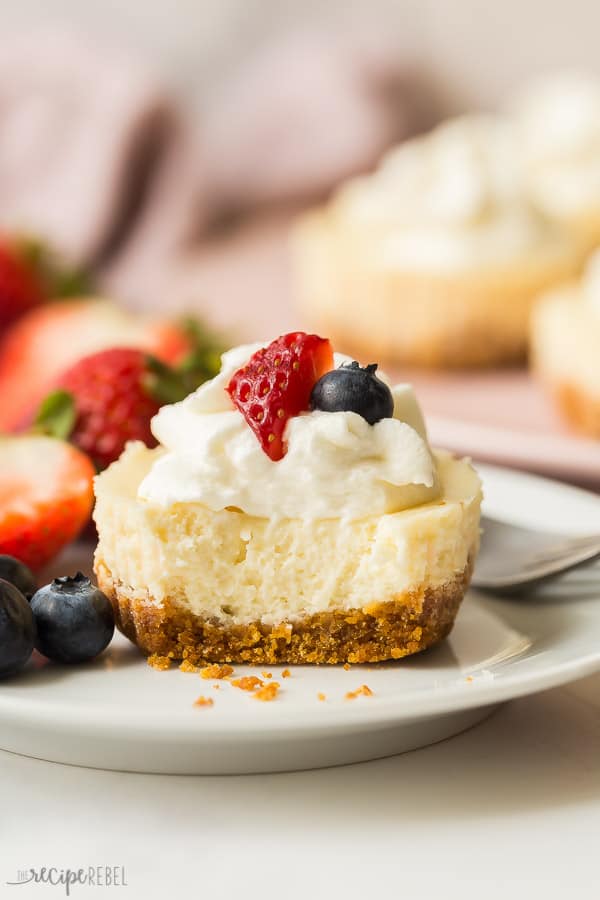 cheesecake cupcake on white plate with bite taken and fork on the side