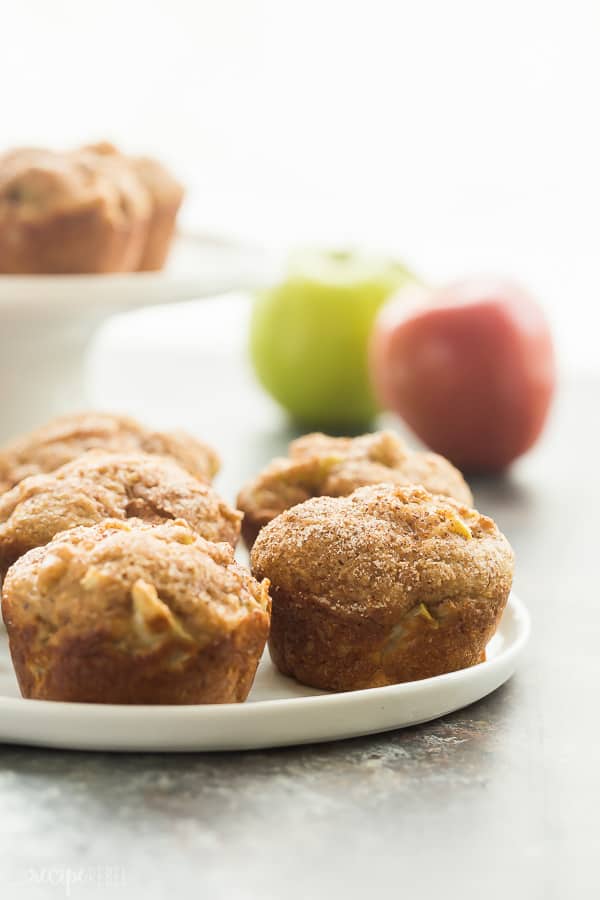 cinnamon apple muffins up close on white plate with whole apples in the background