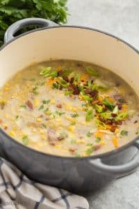 corn chowder in grey pot