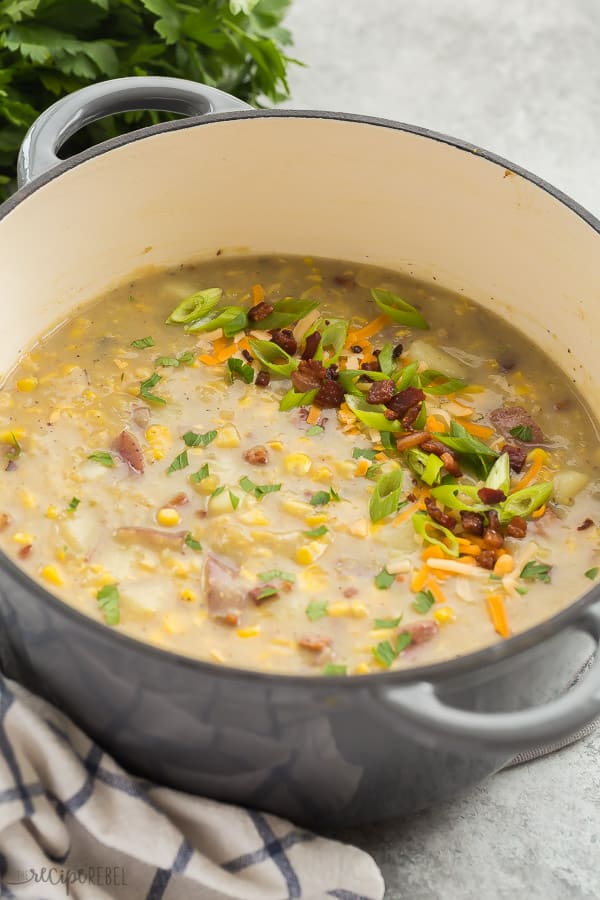 corn chowder in grey pot