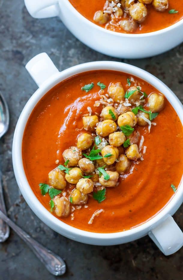 instant pot tomato soup with chickpeas on top