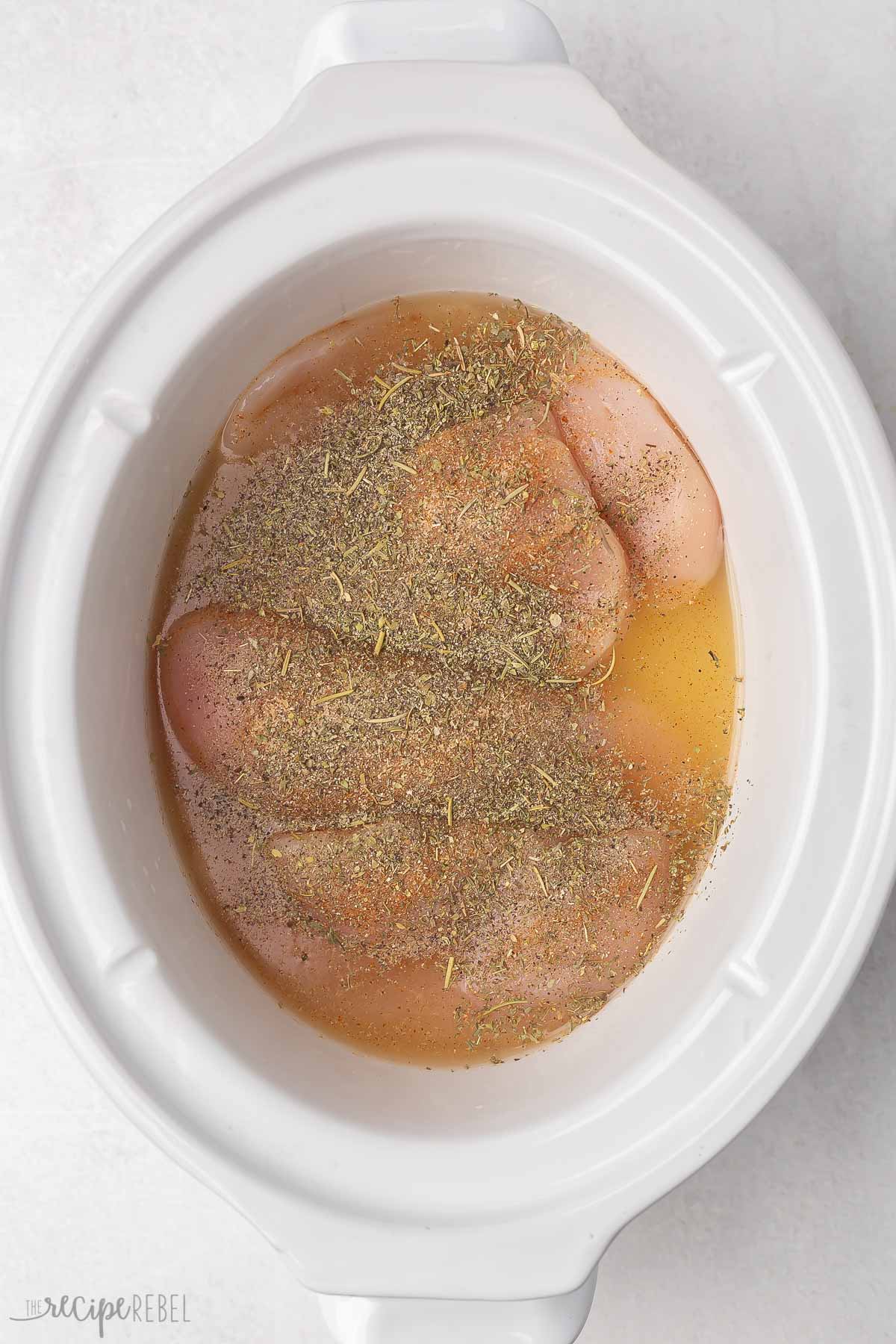 seasoning and broth added to slow cooker shredded chicken.