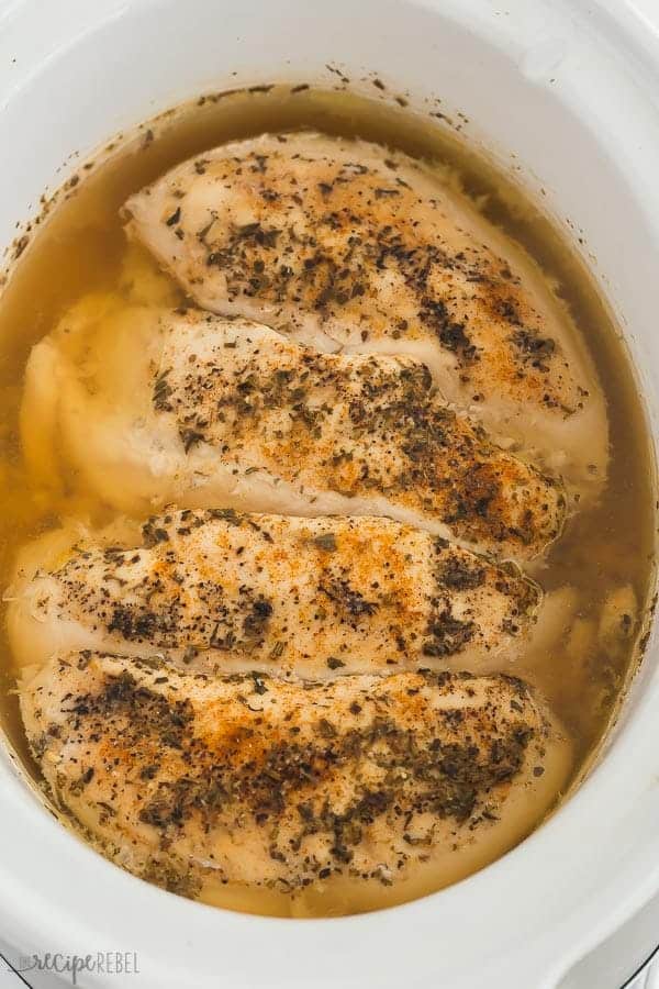 whole chicken breasts in slow cooker ready to shred to make crockpot shredded chicken