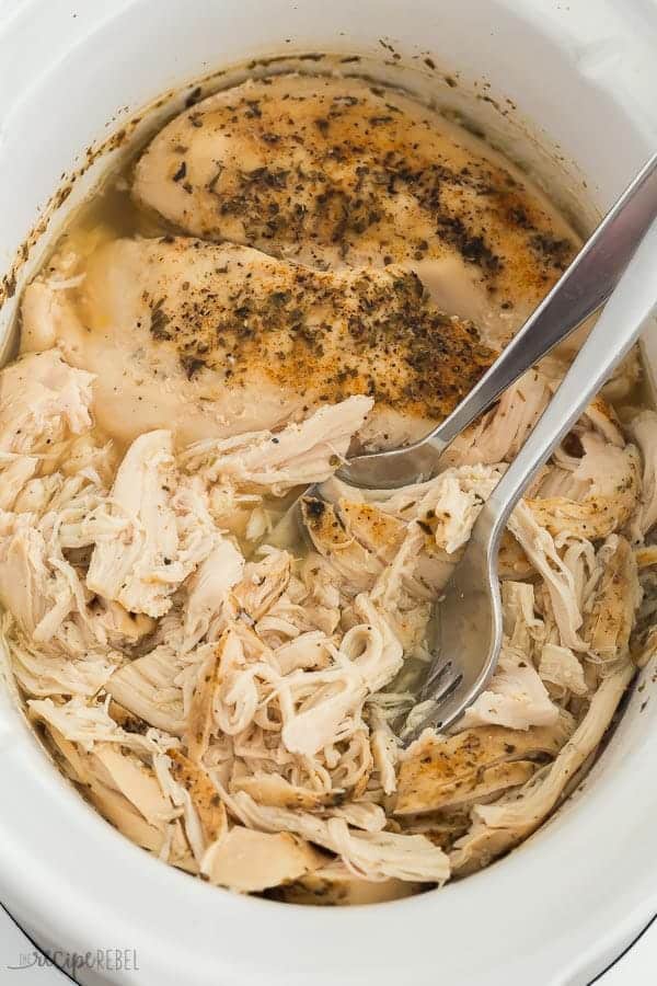 chicken breasts in the slow cooker with half shredded and two forks stuck into the chicken