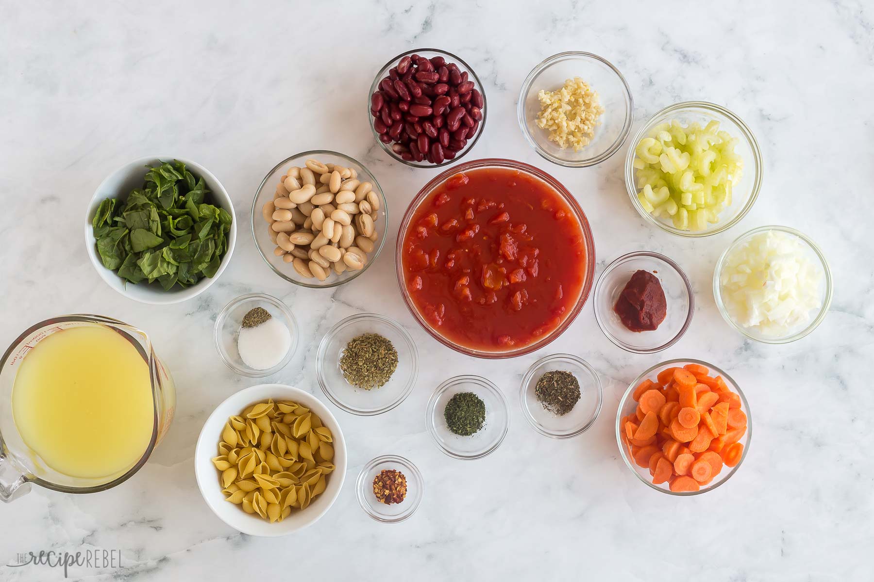 overhead image of ingredients needed for minestrone soup