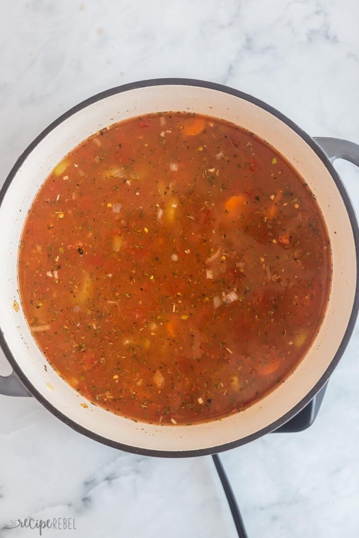 tomatoes and liquids added to minestrone soup base