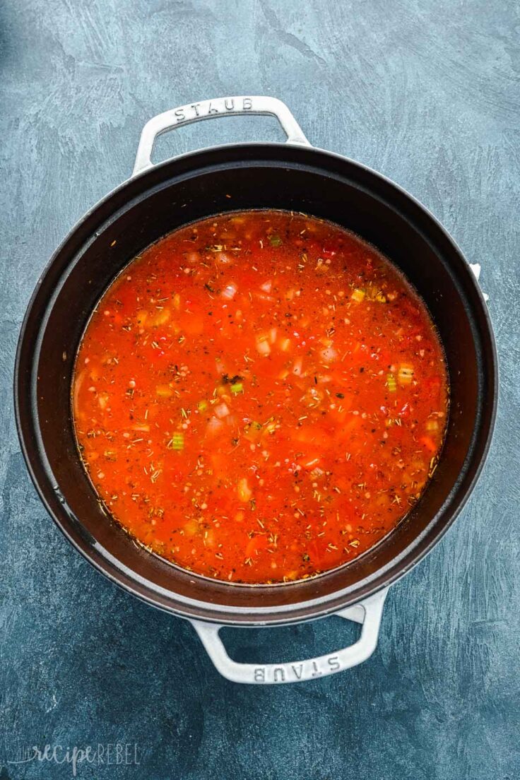 broth and tomatoes added to tortellini soup.