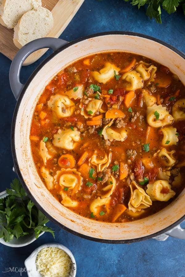 italian sausage tortellini soup in pot