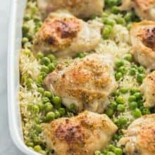 chicken and rice bake in casserole dish