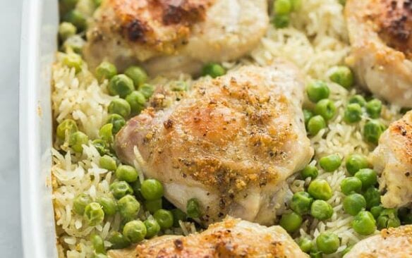 chicken and rice bake in casserole dish