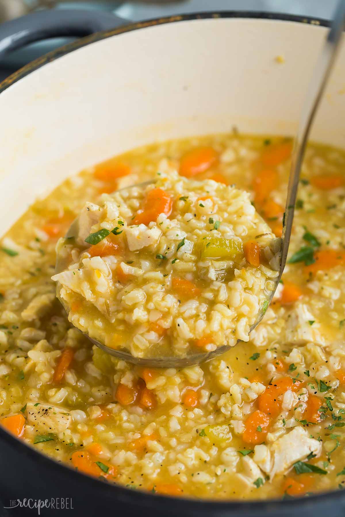 scoop of chicken rice soup coming out of pot.