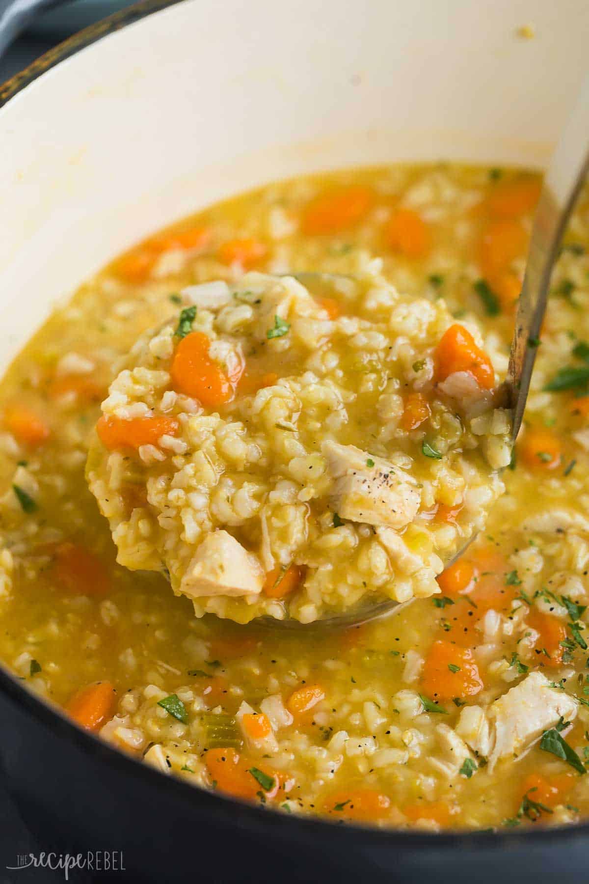 close up image of scoop of chicken and rice soup.