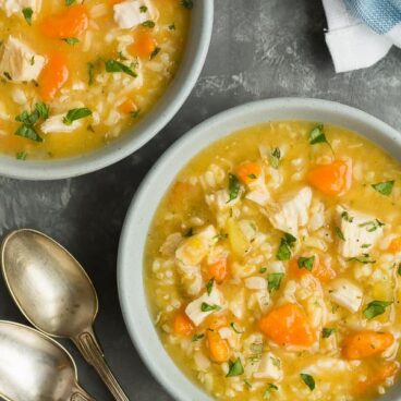chicken rice soup in bowls