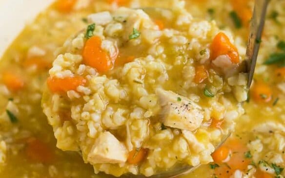 scoop of chicken rice soup