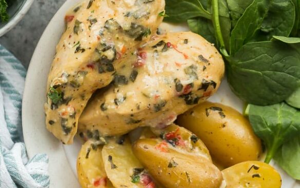 italian crockpot chicken and potatoes on plate