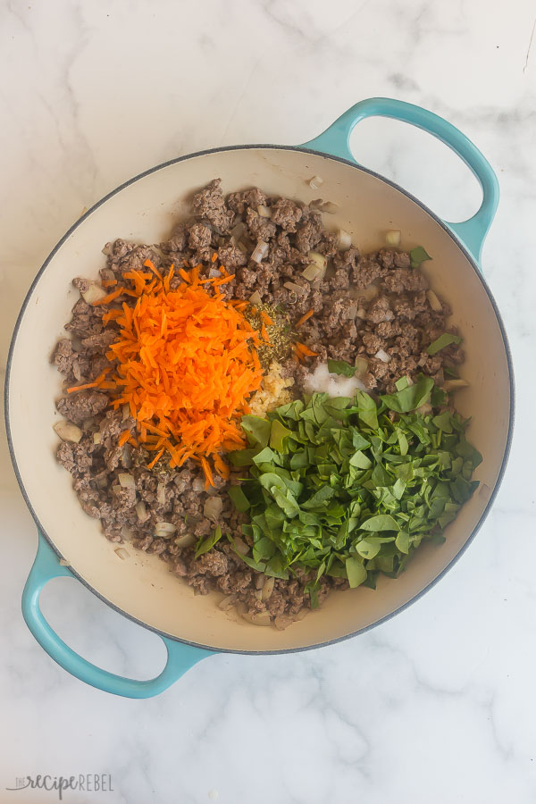 veggies added to cooked ground beef and onions