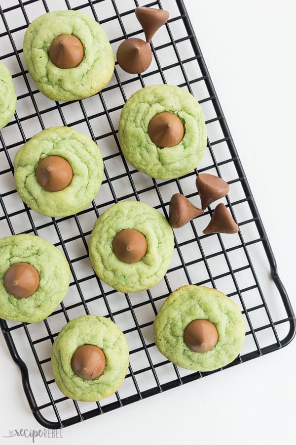 hershey kiss cookies on wire rack overhead on white background