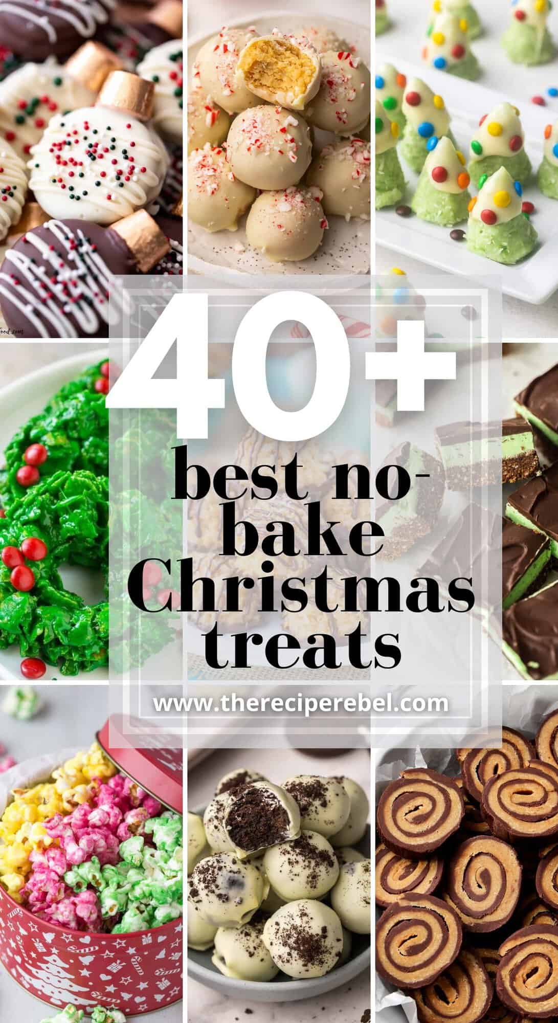 no bake christmas treats collage image with nine pictures and text.