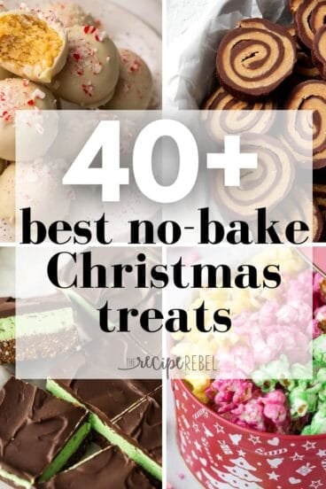 square collage of no bake christmas treats with four images and text.