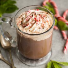 peppermint mocha with whipped cream and candy canes and mint leaves around.
