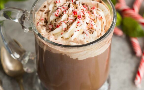peppermint mocha with whipped cream and candy canes and mint leaves around.