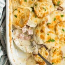 cheesy scalloped potatoes and ham close up