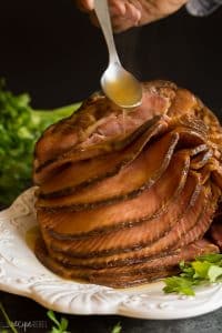 spiral ham on white platter