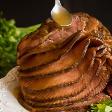 spiral ham on white platter