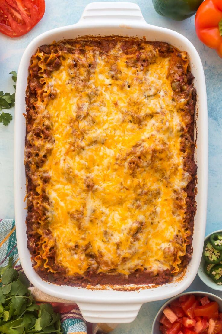 overhead image of taco lasagna with no toppings