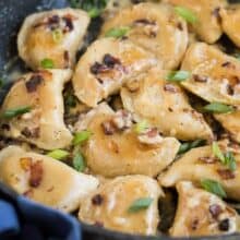 perogies with bacon close up