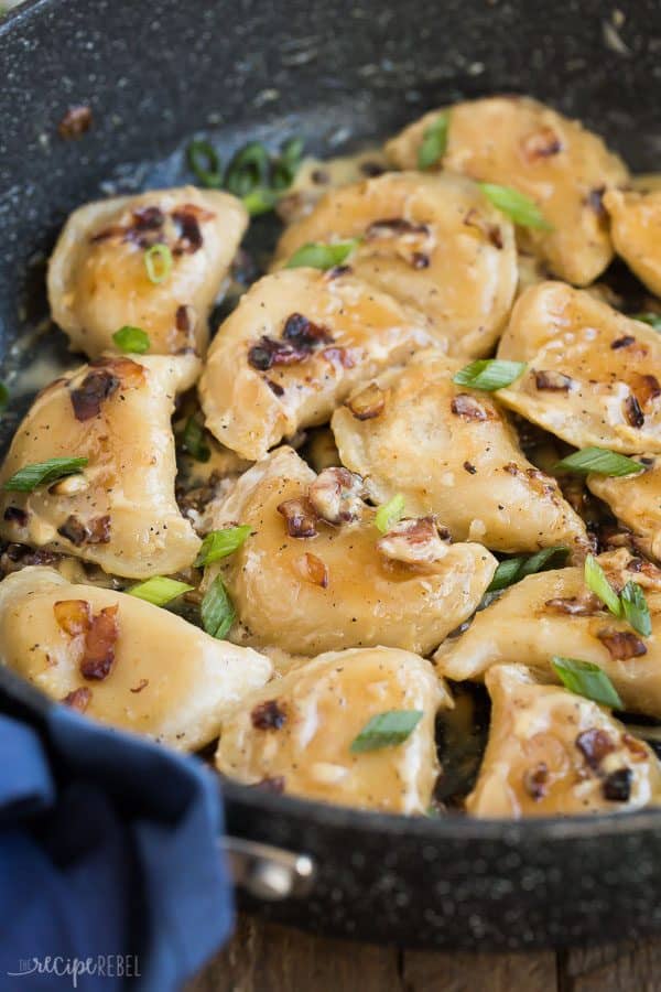 perogies with bacon close up