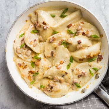 perogies recipe in white pan overhead