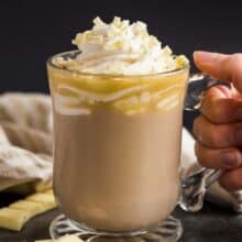 white chocolate mocha in glass mug