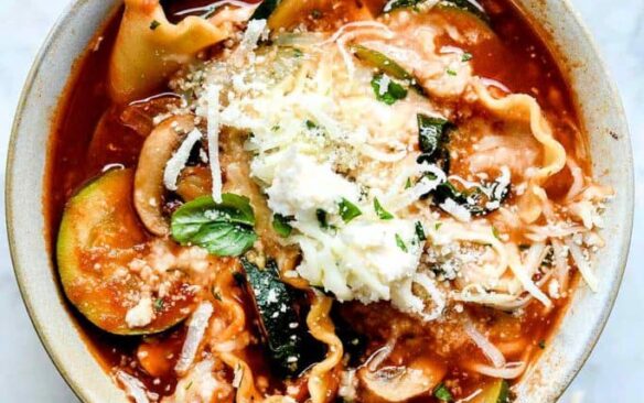 close up overhead image of crockpot vegetarian lasagna soup