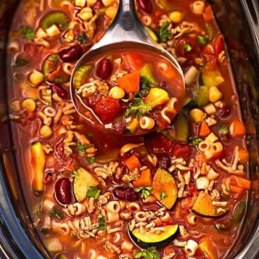 overhead image of pasta e fagioli in crockpot