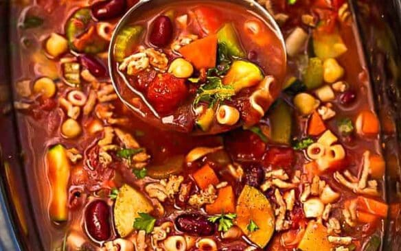 overhead image of pasta e fagioli in crockpot